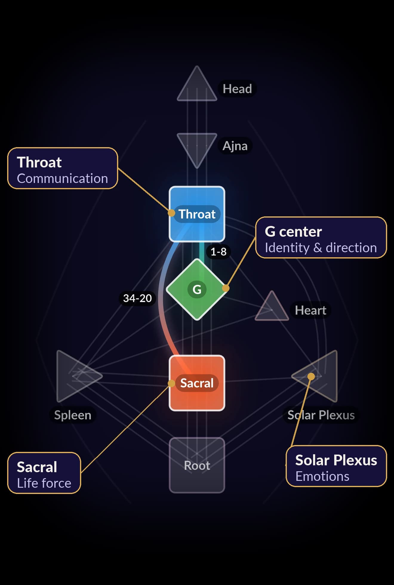 בודיגרף לדוגמה מאפליקציית Soul Flow: מניפסטינג ג'נרטור עם מרכזי הגרון, ה-G והסקרל מוגדרים ומחוברים בשני ערוצים, וליד כל מרכז התחום שעליו הוא אחראי.