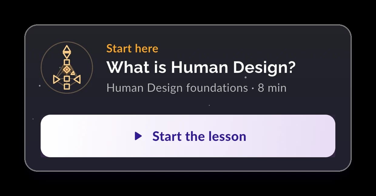 The Learn tab in the Soul Flow app: “Start here, What is Human Design?”, an 8-minute lesson in Human Design foundations.